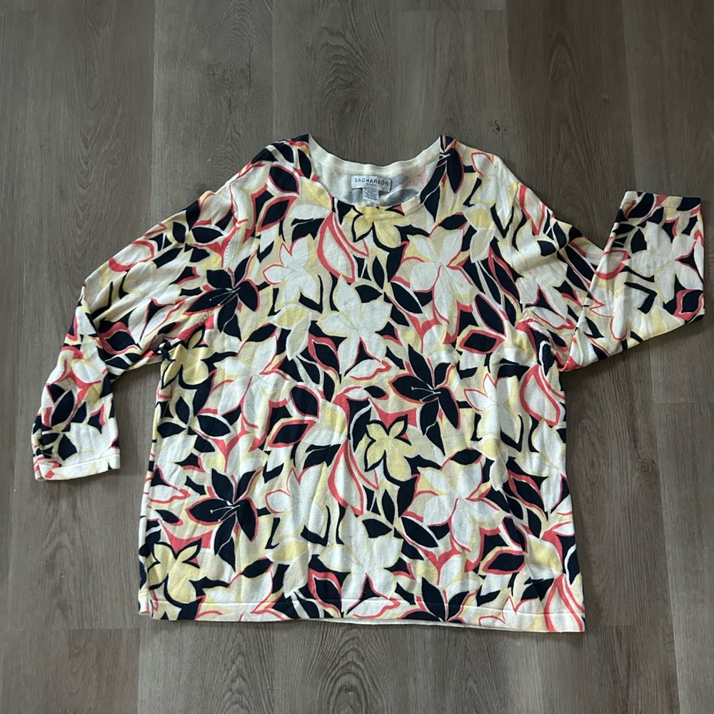 Sag Harbor Cream Navy Coral Floral Knit Long Sleeve Top